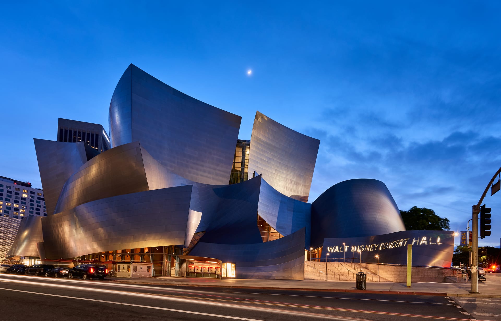 Steel facades of the Walt Disney Concert Hall at dusk